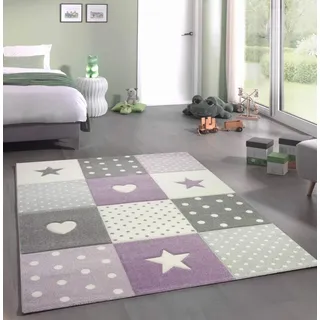 Teppich-Traum Kinderteppich Herz Sterne Punkte Lila Grau Creme 160x230 cm | Weich, pflegeleicht, farbecht, langlebig, allergikerfreundlich, schadstofffrei und für Fußbodenheizung geeignet