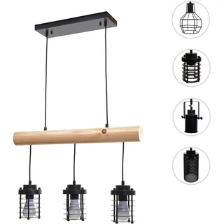 Pendelleuchte HWC-H83, Hängelampe Hängeleuchte, Industrial Vintage Massiv-Holz Metall schwarz ~ 3 Kä