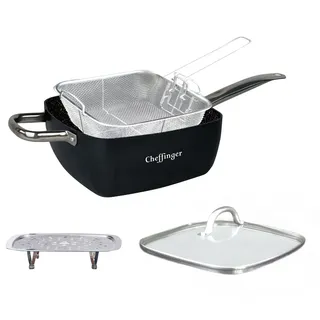 Cheffinger Multi Pfanne Induktion 4-teilig Antihaft 24 x 24 x 9,5 cm Antikratz Deckel Fritteuse Eckpfanne Bratpfanne schwarz