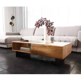 DELIFE Couchtisch New Live-Edge 115x60 cm Akazie Natur 2 Schubladen 1 Fach Fuß schwebend Metall Schwarz - Hellbraun, Braun
