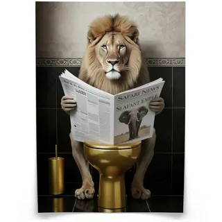 Muralo Poster für WC Badezimmer Löwe in Toilette Zeitung Abstraktion 30x40cm , Gelb, Braun, Weiß, Beige, Grau, Schwarz , Papier , Tiere, Abstrakt , Rechteckig , 30x40x40 cm , Bilder & Rahmen, Bilder, Sonstige Wandbilder
