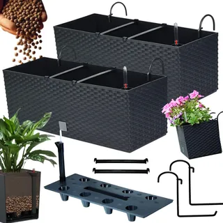 Blumenkasten Balkon Set 2 X 51x19x18,5 cm | Balkonkasten in Rattanoptik | Pflanzkasten mit Griff, Halterungen und Bewässerungssystem | Blumentöpfe für Terrasse | Pflanzkübel in edlem Design |Anthrazit