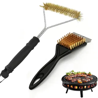 2 Stück Grillbürste Messing,Messingbürste Grill,Grillbürste Für Gussrost,Grill Reinigungsbürste,Mit Edelstahlschaber,Speziell zur Reinigung von Gussrost, Gasgrill und Holzkohlegrill (Y & Schaufel)