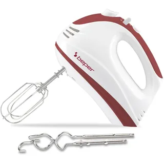 Beper P102SBA101 Elektrischer Schneebesen 300W, Elektrischer Schneebesen mit 2 Schneebesen, 2 Quirlen, 5 Geschwindigkeiten und Turbofunktion, Ergonomischer Griff, Weiß/Rot