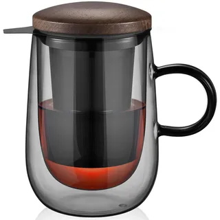glastal 430ml Doppelwandige Schwarze Teetasse aus Glas mit Metallfilter
