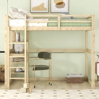 Sweiko Kinderbett Hochbett Bettgestell mit Stauraum, komplett aus Kiefer, mit 4 Ablagefächern und einer Schreibtischplatte, Natur, 140 X 200 cm - Weiß