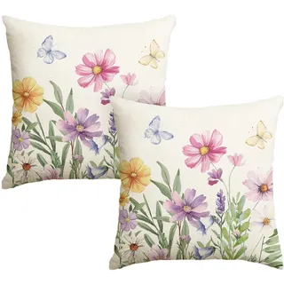 Artoid Mode Blumen Blätter Schmetterling Frühling Kissenbezüge 2er Set, 45x45 cm Sommer Saisonnal Zierkissenbezug Couch Wohnzimmer Deko