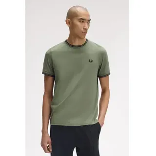 Fred Perry für Herren. M1588 Zwillings-T-Shirt (XL), Lässig, Grün, Baumwolle, Kurzarm