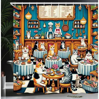 ABAKUHAUS Katze Duschvorhang, Verspielte Restaurant-Pixelkunst, Stoffliches Gewebe Badezimmerdekorationsset mit Haken, 175 x 200 cm, Meerblau Ringelblume