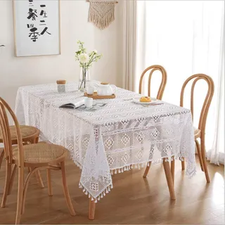 BMIDRUT Weiße Baumwoll-Tischdecken, Spitzendeckchen, Vintage, rechteckig, gehäkelt, Tischdecke, Tischdekoration, Hochzeit, Zuhause, Party, Tischdekoration, 140 x 100 cm