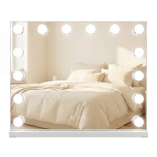 FANTASK Hollywood Schminkspiegel mit Beleuchtung, 14 dimmbare LED Tischspiegel, 3 Lichtfarben Smart-Touch Kosmetikspiegel, beleuchteter Kosmetikschminkspiegel, 50 x 12 x 43 cm