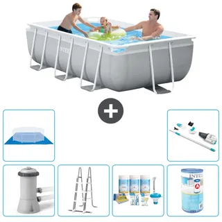 Intex Rechteckiges Prisma-Rahmen-Schwimmbecken – 300 x 175 x 80 cm – Grau – inklusive Pumpe – Leiter Wartungspaket - Filter - Bodenplane - Staubsauger - Grau