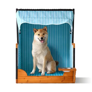 Relaxdays Hundestrandkorb, Rattan, mit Napf, Hundesessel mit Dach, HBT: 95x75x65 cm, Garten & Terrasse, Holz, hellblau