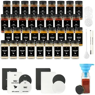 JAECU 36pcs Gewürzgläser Eckig mit Aluminiumdeckel 120ml Glasbehälter | Luftdichte Gewürzdosen mit Streueinsatz, inkl. Trichter, Markierungsstift, Bürste & Etiketten, Schwarz