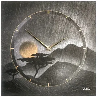 AMS 9514 Wanduhr Quarz Schiefer Naturschiefer Schieferuhr silbern - Silber, Schwarz