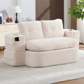 STILVORA Schlafsessel 2-in-1 mit Liegefunktion, Schlafsofa aus Cord mit verstellbaren Armlehnen, Bodensofa mit Getränkehaltern und tiefer Sitzfläche - Beige
