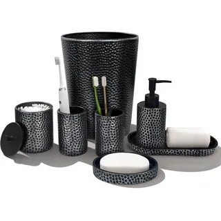 Badezimmer Zubehör Set, LKKL 7-teilig Bad Set mit Mülleimer Seifenspender Seifenschale Zahnputzbecher Zahnbürstenhalter Qtip Halter Badezimmer Tablett Modern Bad Accessoires Komplettset, Silber