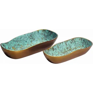 FineBuy Dekoschale 2er Set Aluminium Gold Patina, Oval | Schalen in Schiffchen-Form lebensmittelecht, Obstschale und Tischdeko, handgefertigte Unikate