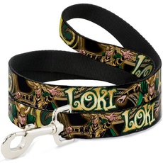 Marvel Loki Hundeleine, 1,8 m lang, 2,4 cm breit, Schwarz/goldfarben/Grün