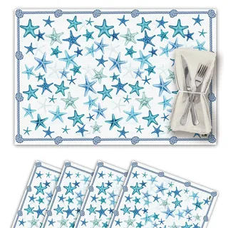 Vilber, 4er-Set Tischsets aus Vinyl, waschbar, wasserdicht, schmutzabweisend, rutschfest, hitzebeständig, Marineblau, Seesterne, Blau