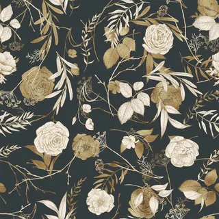 VaryFloral Wandtapete Tapeten Gold Rose 30.5cmx300cm Tapete Blumen Selbstklebende Tapete Dunkel Botanisch Selbstklebende Möbelfolie Blumentapete Vintage Wand Tapeten Zimmer Kabinett Schublade