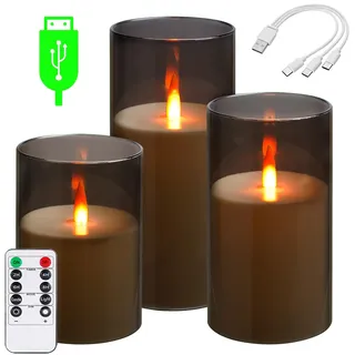 Da by wiederaufladbare LED-Kerze, wiederaufladbare Batteriekerze Typ C, 3-Kerzen-Set mit Remote-Timer-Funktion für bis zu 240 Stunden Nutzung (grau)