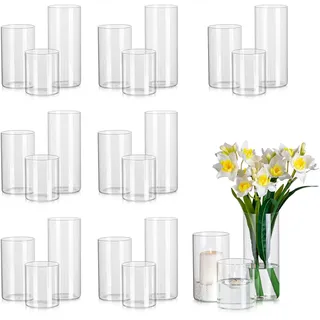 Glasseam Zylinder Vase Glas Klar, Blumenvase Modern Vasen Deko 24 Stück, 14/19/24cm Hoch Tulpenvase Zylindervasen Hochzeit Tischdeko, Dekorative Kerzenhalter Windlicht Flower Vase für Wohnzimmer