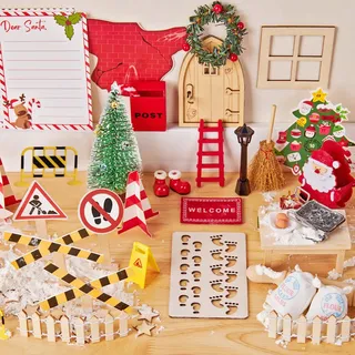 Sunbeauty 65 Stück Wichtel Set Weihnachten Komplett, Wichtel Zubehör Haus Enthalten Wichtel Baustelle,Wichtelhaus,Feentür,Leiter, Küchendetails,Briefkasten,Brief,für Kinder DIY Geschenk Rot