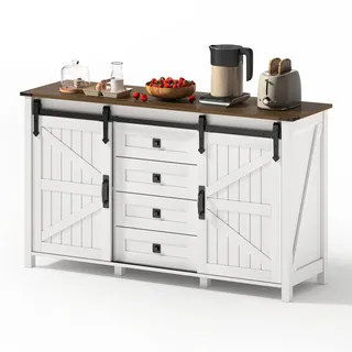 FurnitureR Sideboard Buffetschrank 137 x 40 x 81,5 cm, Weiß mit dunkle Holzoptik, Anrichte mit 4 Schubladen, 2 Schiebetüren im Scheunentor-Stil, verstellbaren Regalböden für Esszimmer Küche