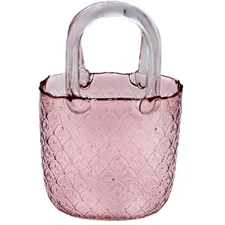 Blumenvase, Dekovase, Pflanzenvase, Tischvase, Glasvase, Blumenvase als Handtasche, Handtaschenvase aus Glas, in rosé mit Henkel, Größe: L/B/H 15 x 10 x 24 cm.