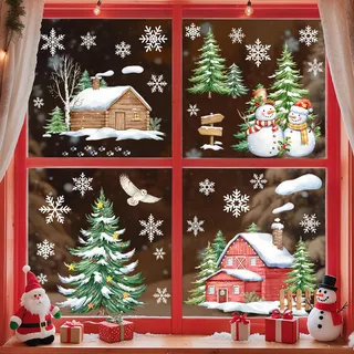 Tanlaby Fenstersticker Winterdorf Schneehütte Tannenbaum Schneemann | Fensterbilder wiederverwendbar Fensteraufkleber Weihnachtsdekoration
