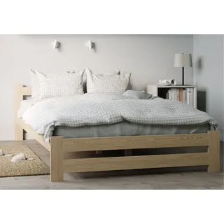 home collective Holzbett 160x200 cm mit Lattenrost Modern Bett Bed Kiefer Massiv Bettgestell Doppelbett Massivholzbett Klassisch | Boho Landhaus Kopfteil mittel natur