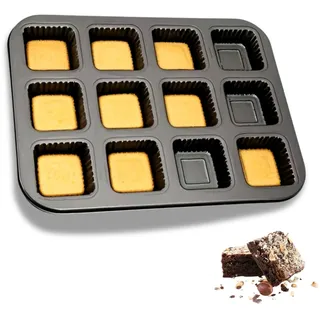 OlBuWa Mini Brownie Backform, 12 Quadratische Brownie Mulden, Antihaft Backform Mini Kastenform, Madeleines für Ofen Backen Brot Schokolade Muffin Brownie 35.5 x 26.5 cm (Schwarz)