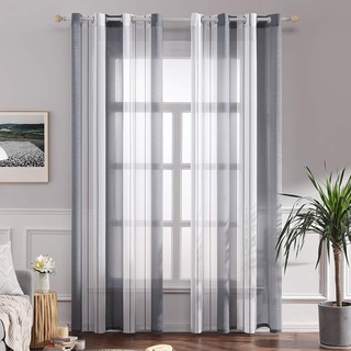 MIULEE Gardinen Gestreift Transparent mit Ösen, Voile Vorhänge Wohnzimmer Modern 2er Set, Vorhang Schlafzimmer Transparent mit Grau Weiss Gestreift Muster, Vorhang Halbtransparent Streifen 140X300 cm