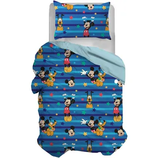 HERMET Mickey Mouse Bettwäsche-Set für Einzelbett, Baumwolle, Blau, Bettbezug 155 x 200 cm, Kissenbezug 50 x 80 cm, Disney, 100% Baumwolle, offizielles Produkt