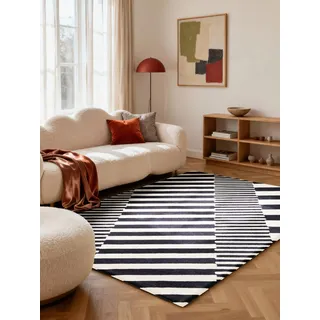 ELLE DECORATION Flux schwarz, weiß, B:160cm H:12mm L:230cm, Oberfläche: 100% Wolle. Rückseite: 100% Baumwolle, Teppiche, Wollteppich, Wolle, Natur, Wohnzimmer, Schlafzimmer, – 160x230 cm