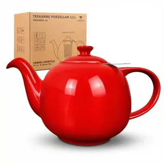 URBAN LIFESTYLE Teekanne mit Siebeinsatz SWANSEA Teekanne Porzellan Rot Teekanne 1L mit Sieb für losen Tee, tropffrei,spülmaschinengeeignet