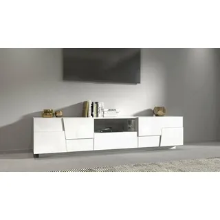 Dmora - TV-Ständer Velio, niedriges Wohnzimmer-Kommode mit 2 Türen und 1 Schublade, TV-Ständer-Basis, 150x44x46 cm, glänzendes Weiß