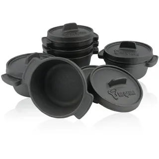 BBQ-Toro Mini Dutch Oven Set (6 Stück), Ø 11 cm, bereits eingebrannt - preseasoned, Gusseisen Serviertöpfe, Kochtopf kleiner Bräter Gusstopf