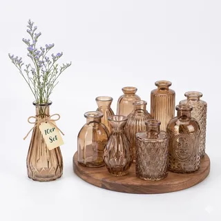 Relaxdays Vasen, 10er Set, strukturiert, Vintage-Design, Glas, H: 10–14,7 cm, kleine Dekovasen für Tischdeko, braun
