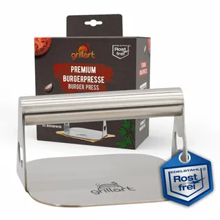 grillart® Premium Burgerpresse aus hochwertigem Edelstahl für Smashed Burger inkl. 30 STK Burgerpapier – Burger Smasher für Plancha & Teppanyaki – Grillpresse aus Edelstahl – ideales Grillzubehör