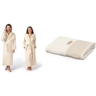 Möve Wellness Kapuzenmantel mit Chenillebiesen in Gr. S aus 100% Baumwolle (Spinair), nature & Wellness Saunatuch Uni mit Chenillebiesen 80 x 200 cm aus 100% Baumwolle (Spinair), nature