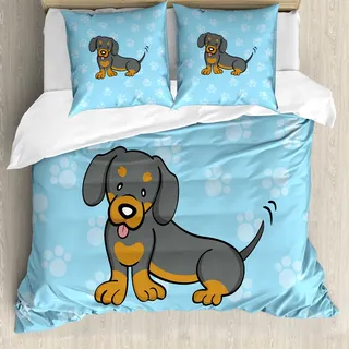 ABAKUHAUS Dackel Bettbezug, Glückliche Welpen-Karikatur, Milbensicher Allergiker geeignet mit Kissenbezügen, 155 cm x 220 cm - 80 x 80 cm, Blau, Braun, Dunkel Taupe