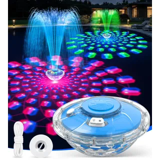 LanBlu Springbrunnen Pool Schwimmend mit Lichtshow, 8000 mAh Aufladbarer Akku Brunnen Pool Wasserfontäne mit Anker, 2 Sprühmodi Pools Fontäne bis zu 130 cm, Springbrunnen Schwimmend für Teich Pools