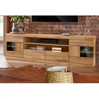 Home Affaire Lowboard Ribe,180cm breit, Fronten Massivholz,6 Fächer,Kabeldurchführung, Korpus Holzwerkstoff,Glaseinsatz aus gehärtetem Glas,Böden versetzbar braun