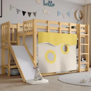 Flieks Etagenbett 90x200cm mit Lattenrost, Kinderbett mit Rutsche und Rausfallschutz, Hochbett mit Leiter und Regal, Massivholzbett Stockbett mit Bettvorhang, Naturbelassen - Naturbelassen