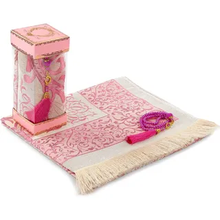 Muslimische Gebetspuppteppich und Gebetsperlen mit eleganter Geschenkbox | Janamaz | Sajadah | Weicher islamischer Gebetsteppich | Islamische Geschenke Set | Gebets Teppichmatte, Taft Stoff, rosa