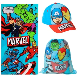 Avengers Kinderhandtuch, Sack und Mütze für Strand und Pool – Set mit Handtuch, Sack und Mütze für Kinder mit Kindermotiv