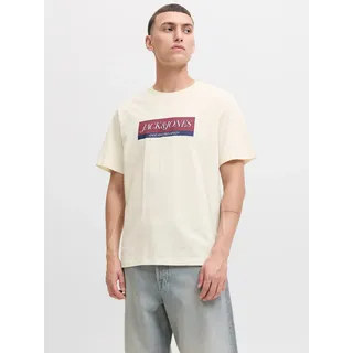 T-Shirt JACK & JONES "JORINWOOD BLOCK BRANDING TEE SS CN", Herren, Gr. XS, antique weiß, Jersey, Obermaterial: 100% Baumwolle, bedruckt, regular fit normal, Rundhals, Shirts T-Shirt