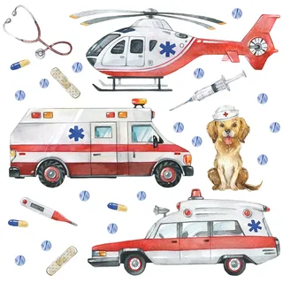 Wally Fox - Wandsticker Kinderzimmer - Wandtattoo Babyzimmer - Ungiftig, sicher, leistungsstark - Set - Ambulanz, Krankenwagen, Rettungsdienst - Rot, Beige, Weiß